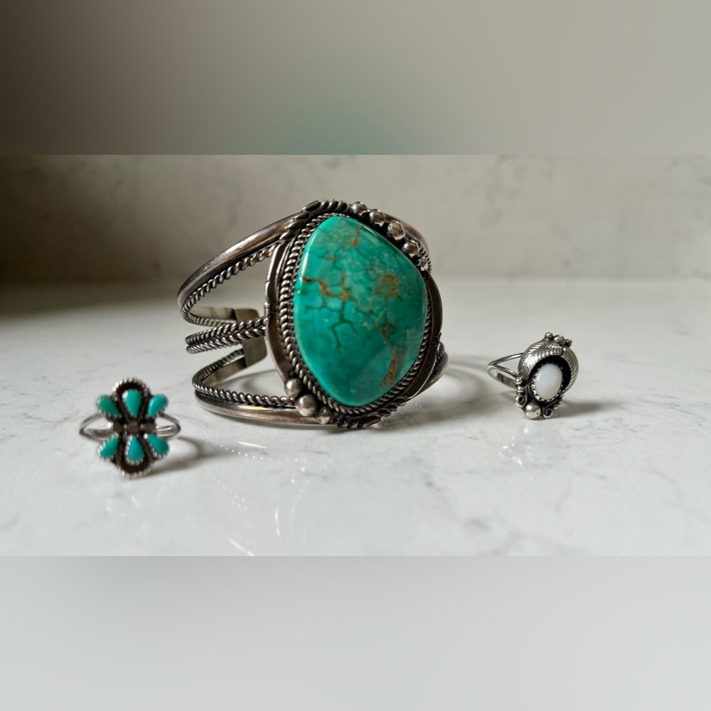 Vintage Navajo Genuine Turquoise Cuff Bracelet, Zuni Rings, & Amber Earrings